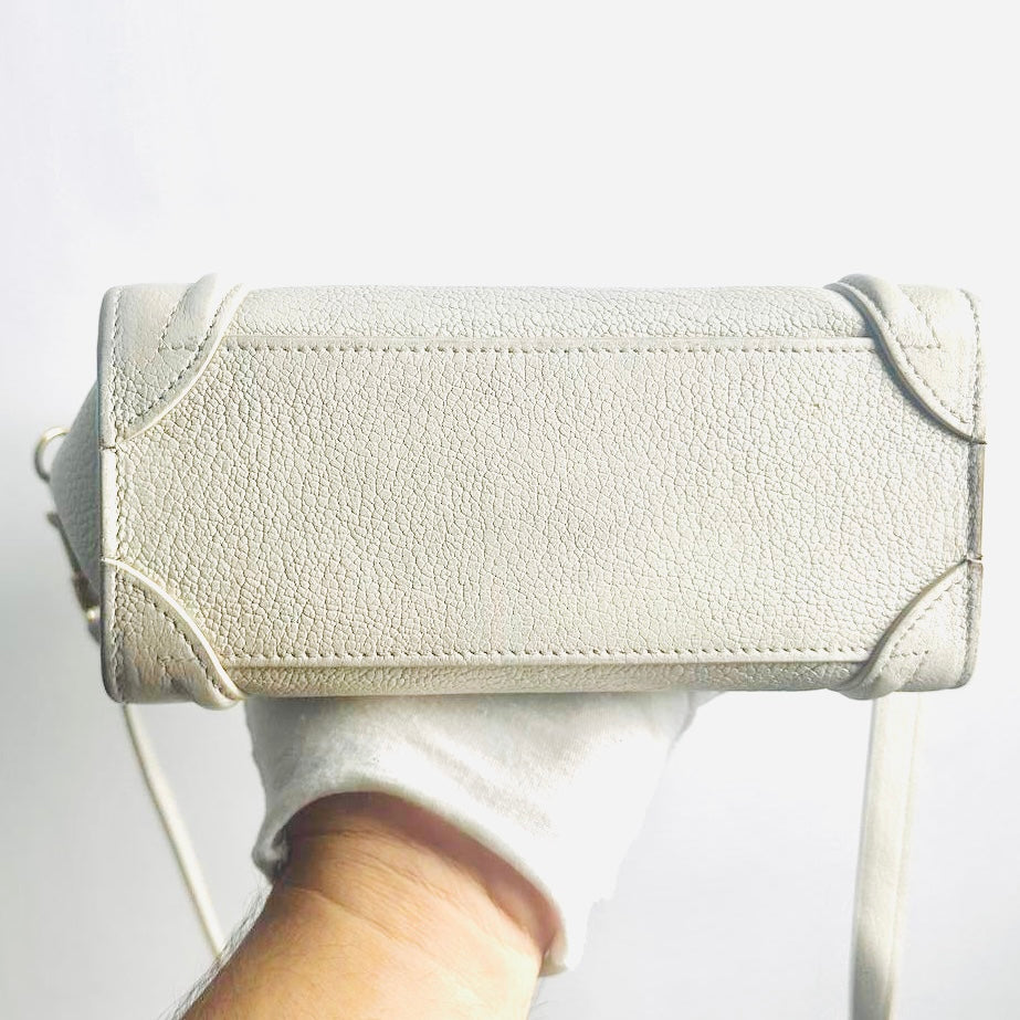 Celine Nano Luggage White GHW Grained Calfskin Monogram Logo 2-Way Top Handle Shoulder Sling Bag