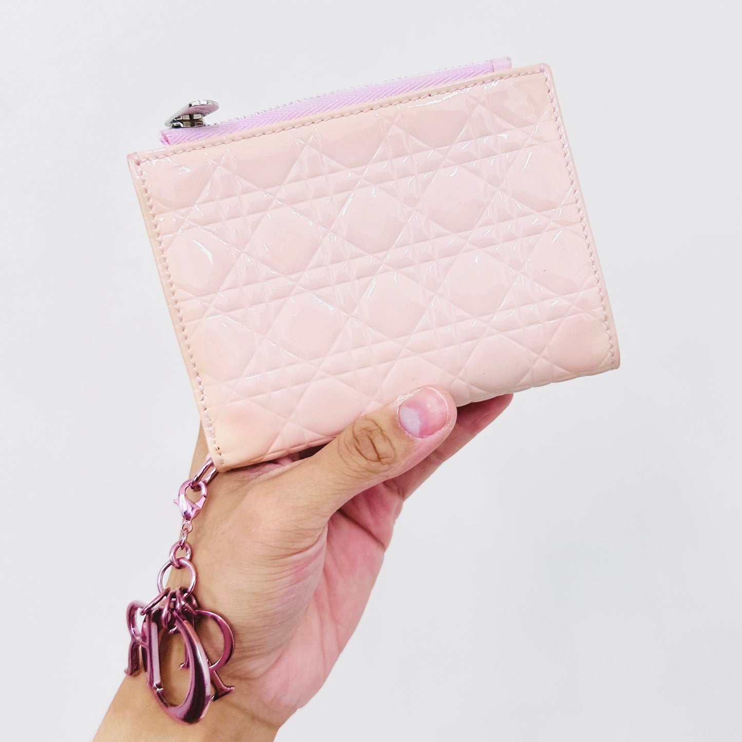 Christian Dior CD Lady Dior Pale Pink Cannage Quilted Patent Monogram Logo Charms Compact Bifold Wallet