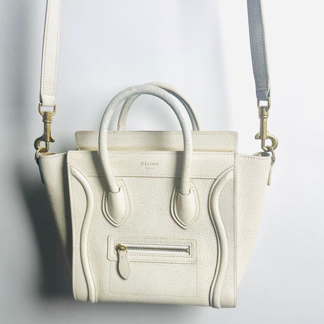 Celine Nano Luggage White GHW Grained Calfskin Monogram Logo 2-Way Top Handle Shoulder Sling Bag