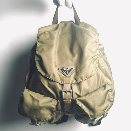 Prada Khaki Tessuto Classic Logo Nylon & Leather Backpack Drawstring Bag