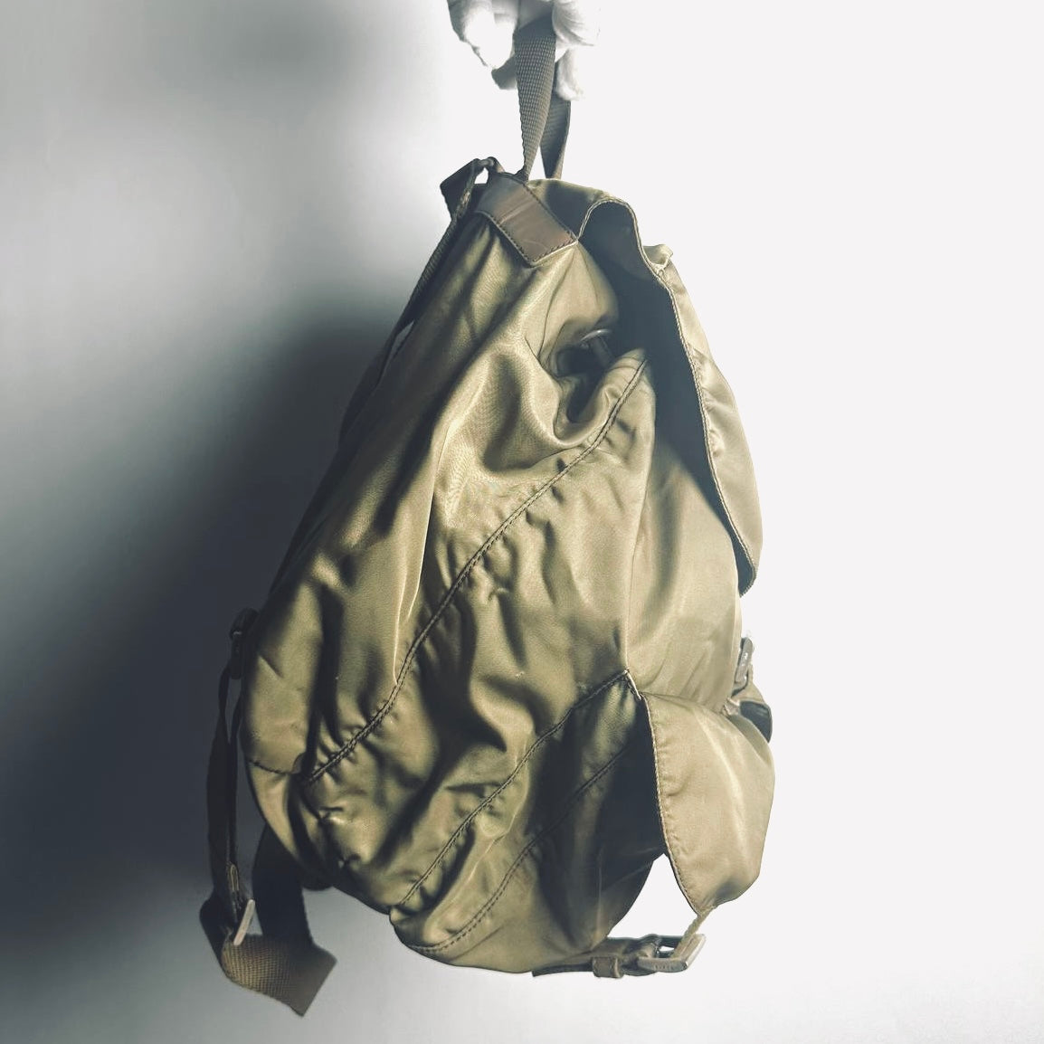 Prada Khaki Tessuto Classic Logo Nylon & Leather Backpack Drawstring Bag