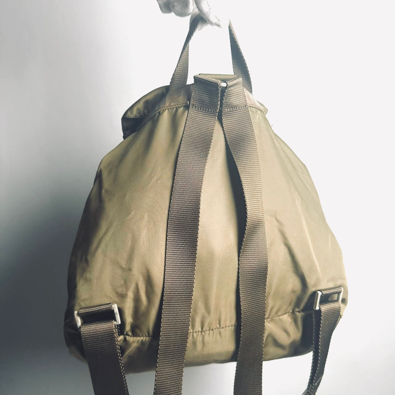 Prada Khaki Tessuto Classic Logo Nylon & Leather Backpack Drawstring Bag