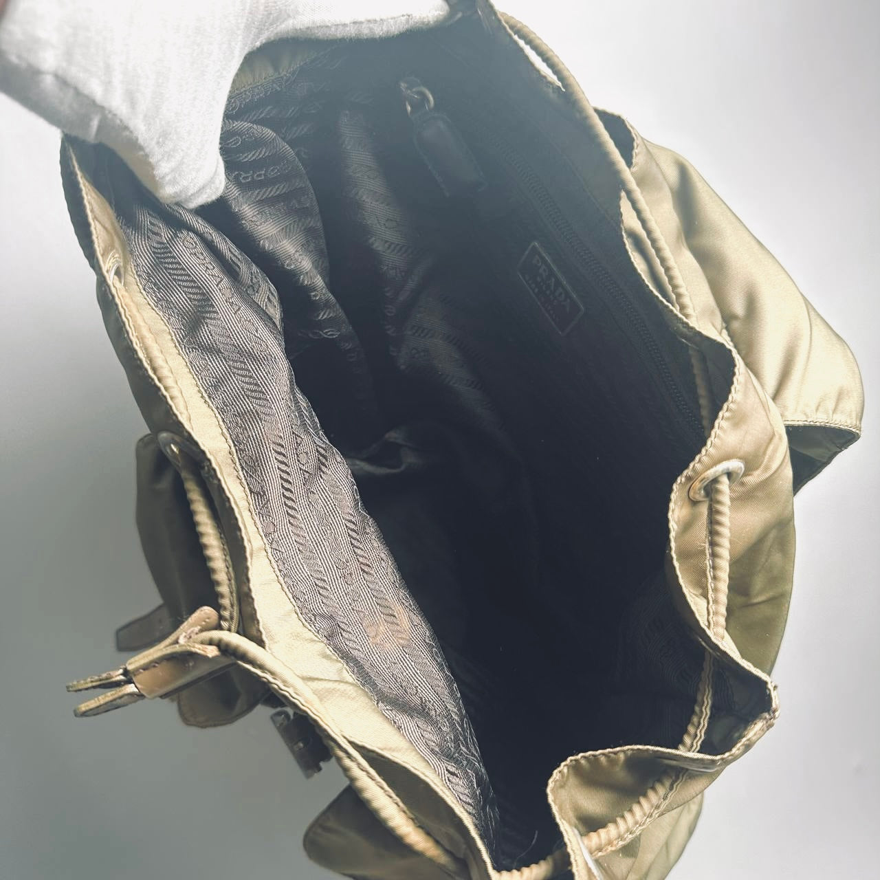 Prada Khaki Tessuto Classic Logo Nylon & Leather Backpack Drawstring Bag