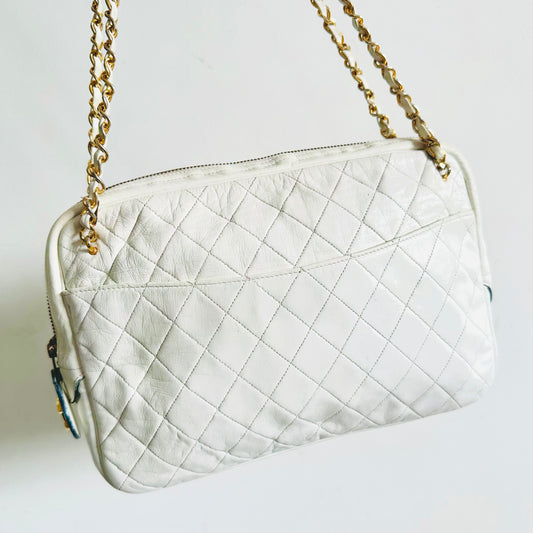 Chanel White GHW Giant CC Logo Charm Quilted Lambskin Vintage Shoulder Sling Bag