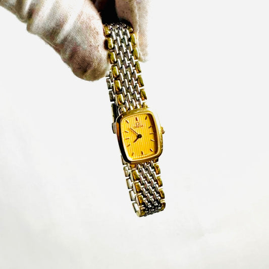 Omega De Ville Gold Rectangular Dial Two Tone Stainless Steel Vintage Quartz 18MM Watch