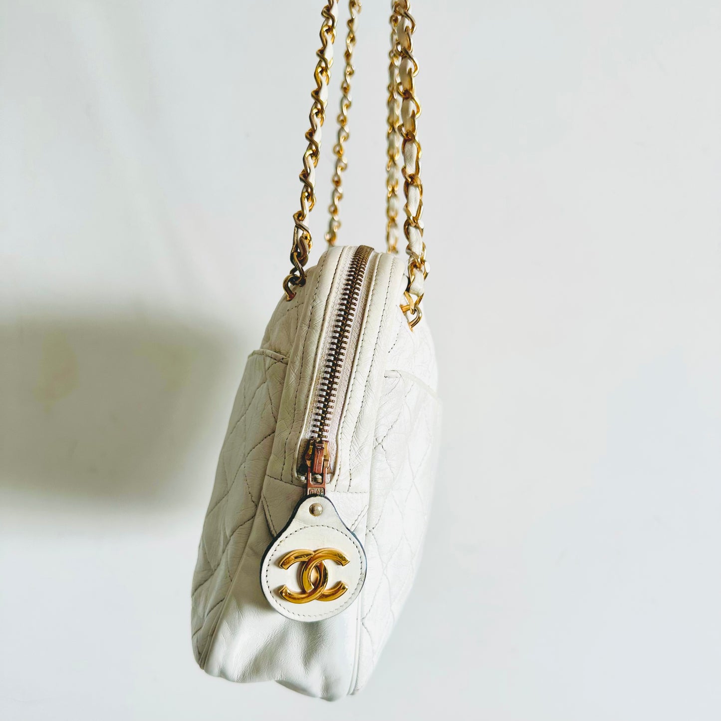 Chanel White GHW Giant CC Logo Charm Quilted Lambskin Vintage Shoulder Sling Bag