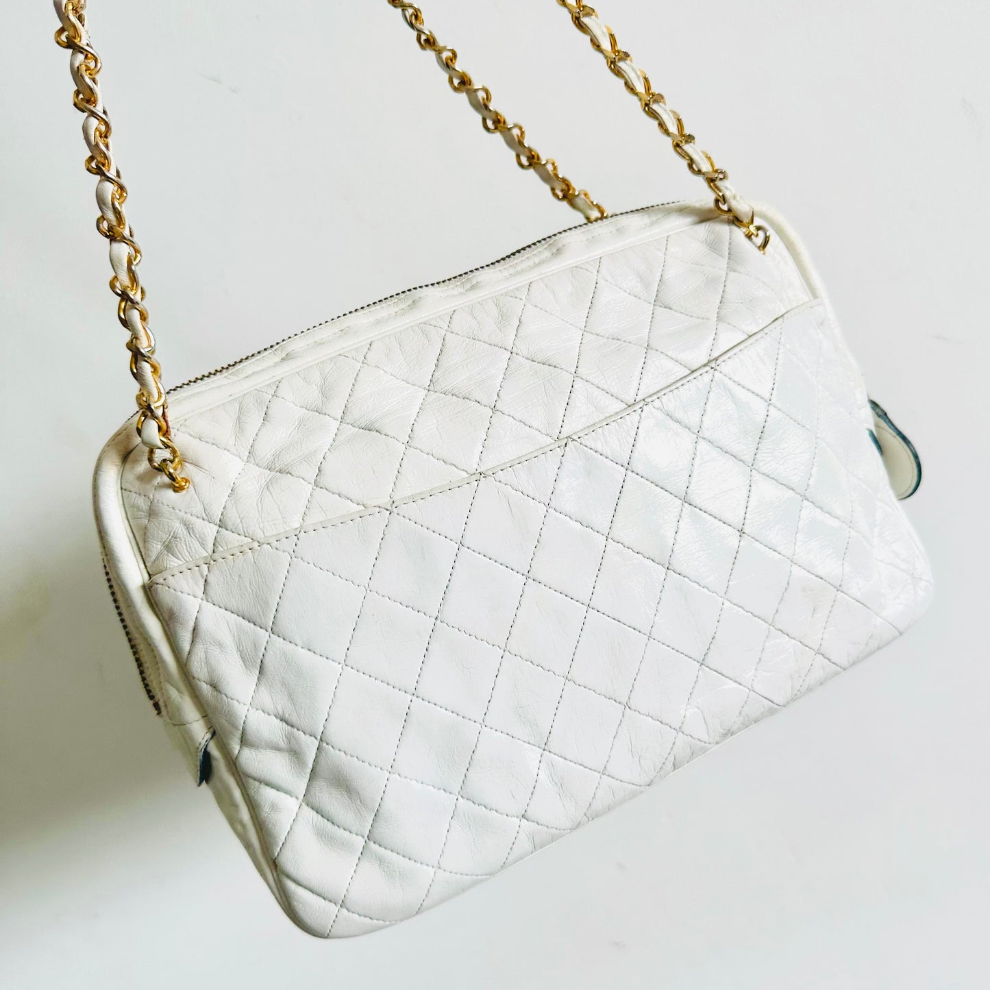 Chanel White GHW Giant CC Logo Charm Quilted Lambskin Vintage Shoulder Sling Bag