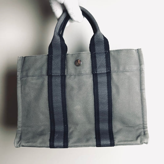 Hermes Herline Grey Fourre Fool Toile PM Structured Shopper Tote Bag