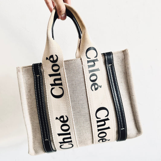Chloe Woody Beige / Black Monogram Logo Shopper Small Shoulder Tote Bag