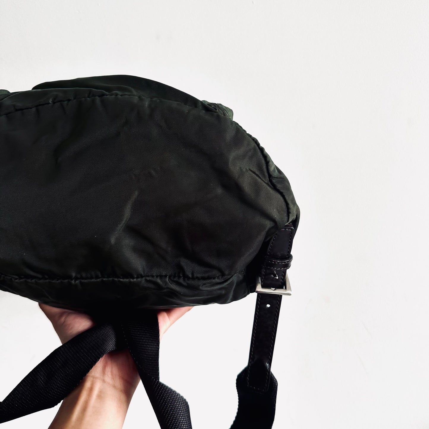 Prada Dark Khaki Ebano Classic Logo Vela Nylon & Leather Backpack Bag
