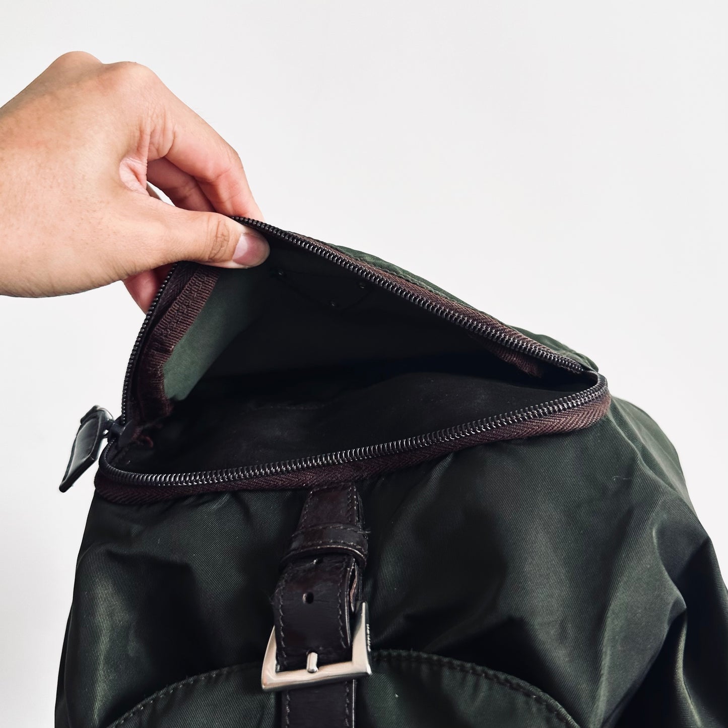 Prada Dark Khaki Ebano Classic Logo Vela Nylon & Leather Backpack Bag