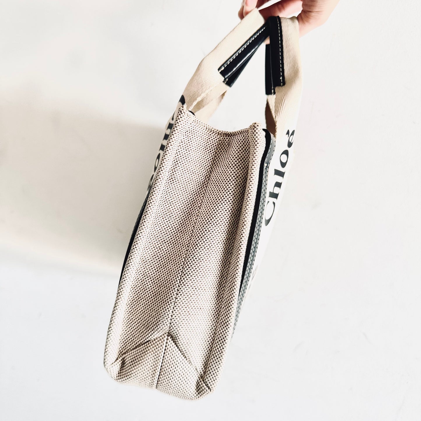 Chloe Woody Beige / Black Monogram Logo Shopper Small Shoulder Tote Bag