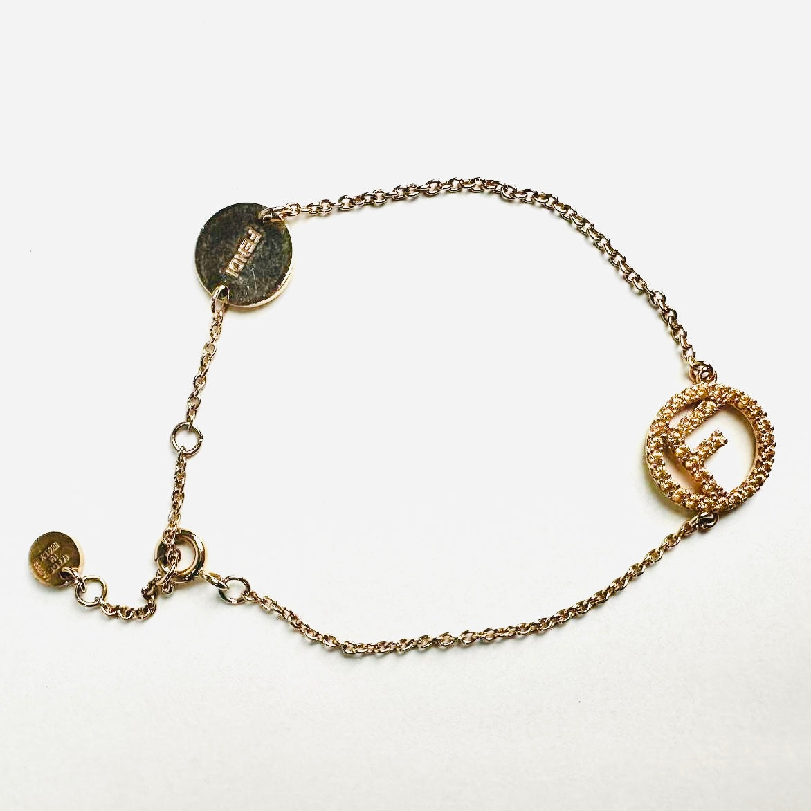 Fendi FF Monogram Logo Rose Gold & Crystals F Chain Bracelet