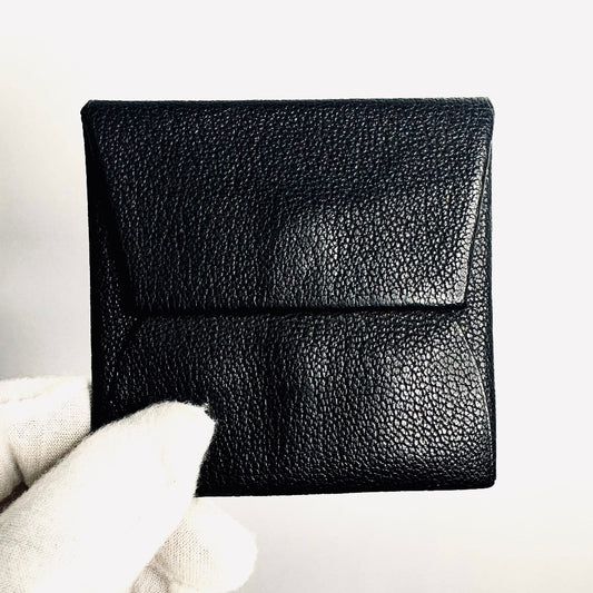 Hermes Bastia Black Classic Chevre Leather Flap Coin Purse Wallet