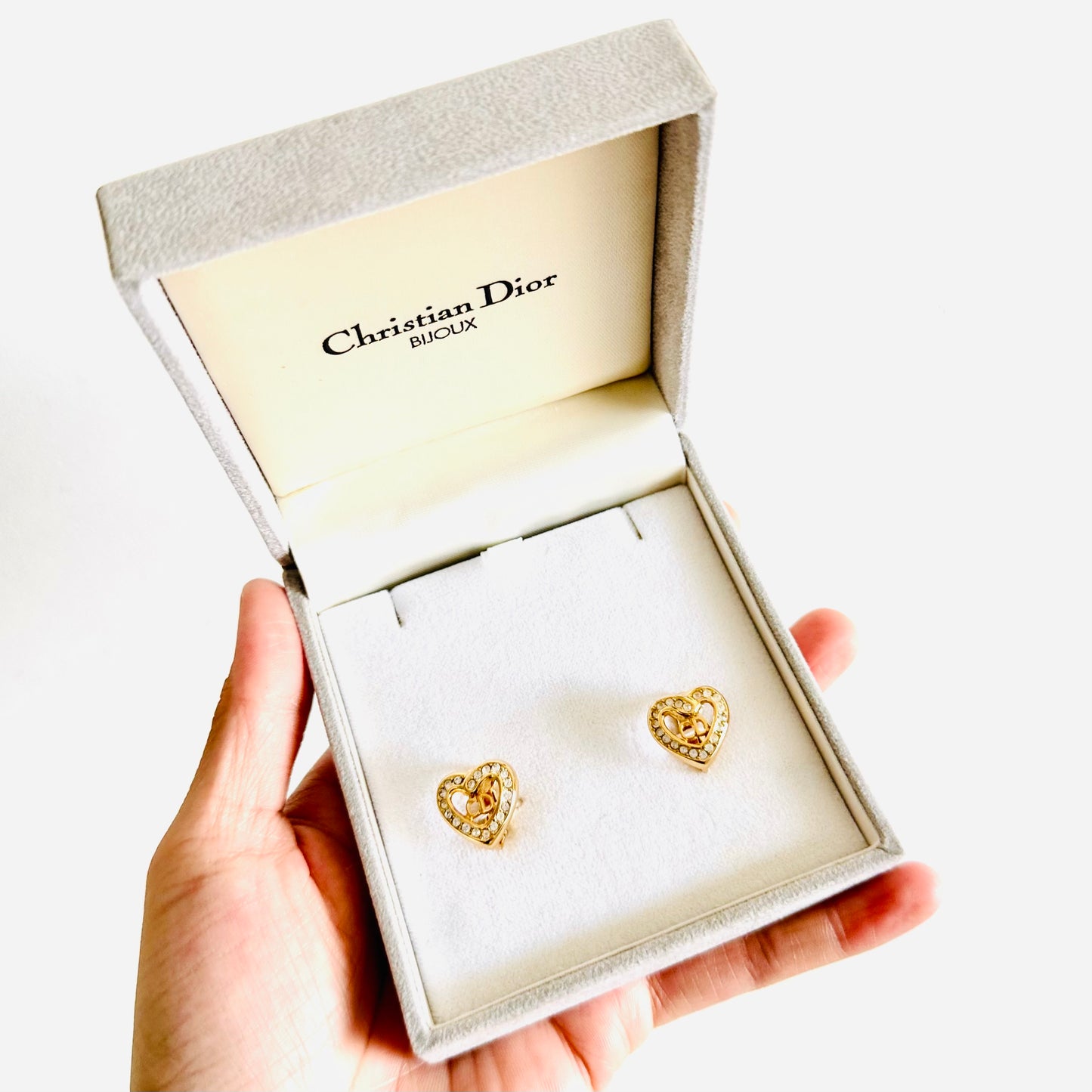 Christian Dior CD Gold Heart & Crystals Classic Monogram Logo Signature Vintage Earrings