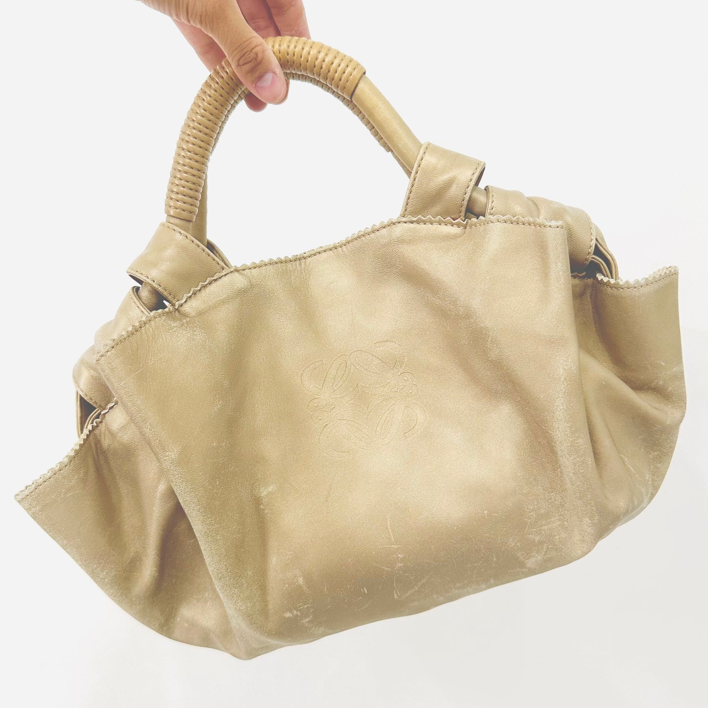 Loewe Mauve Beige GHW Nappa Aire Leather Giant Anagram Logo Monogram Small Bucket Hobo Shoulder Shopper Tote Bag