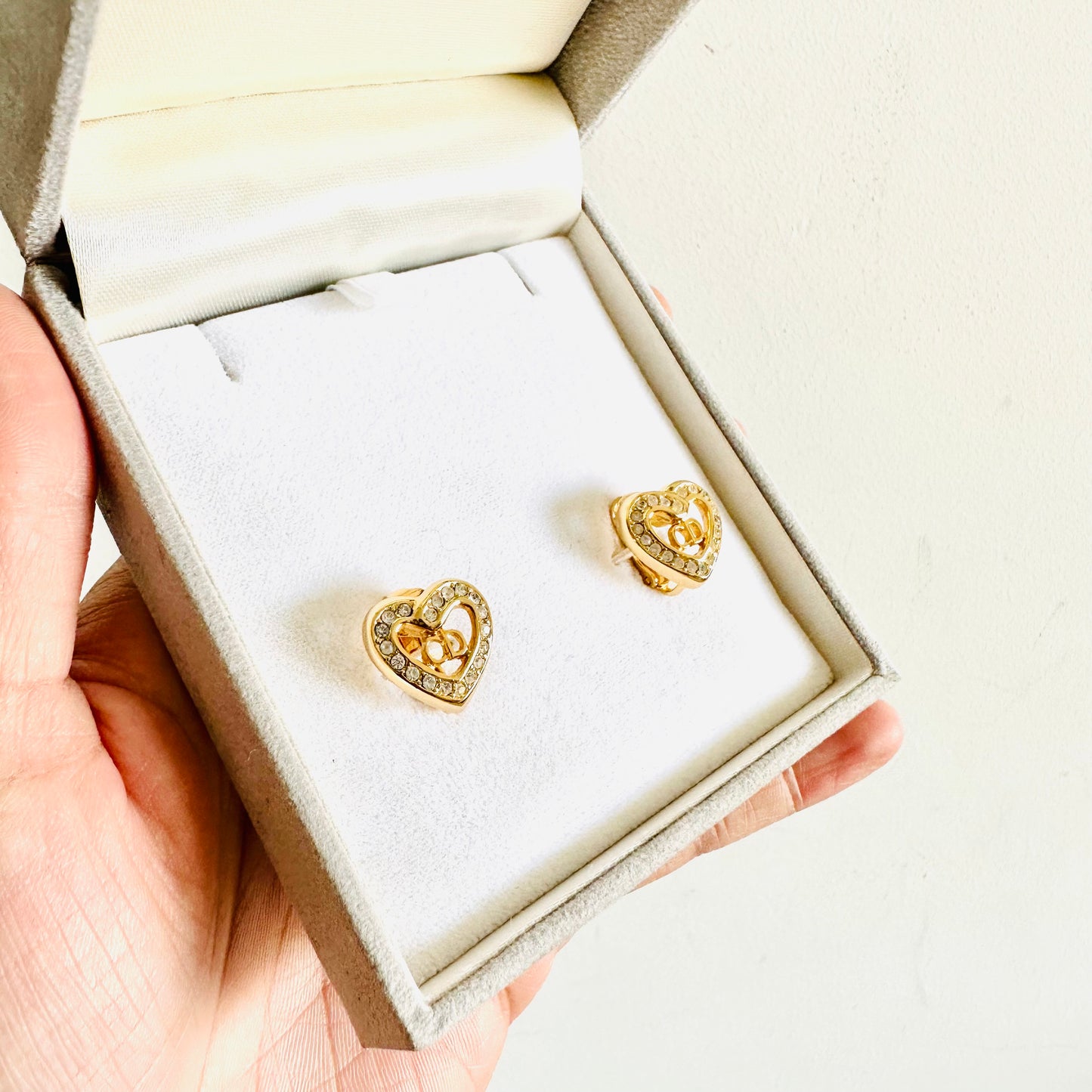 Christian Dior CD Gold Heart & Crystals Classic Monogram Logo Signature Vintage Earrings