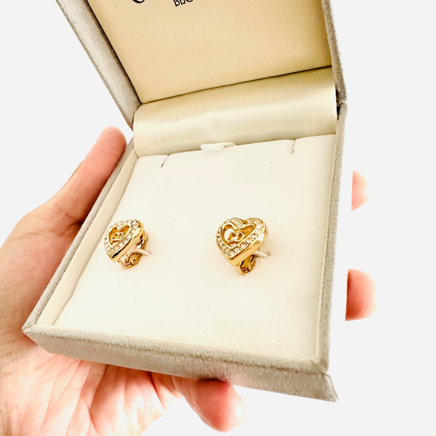 Christian Dior CD Gold Heart & Crystals Classic Monogram Logo Signature Vintage Earrings