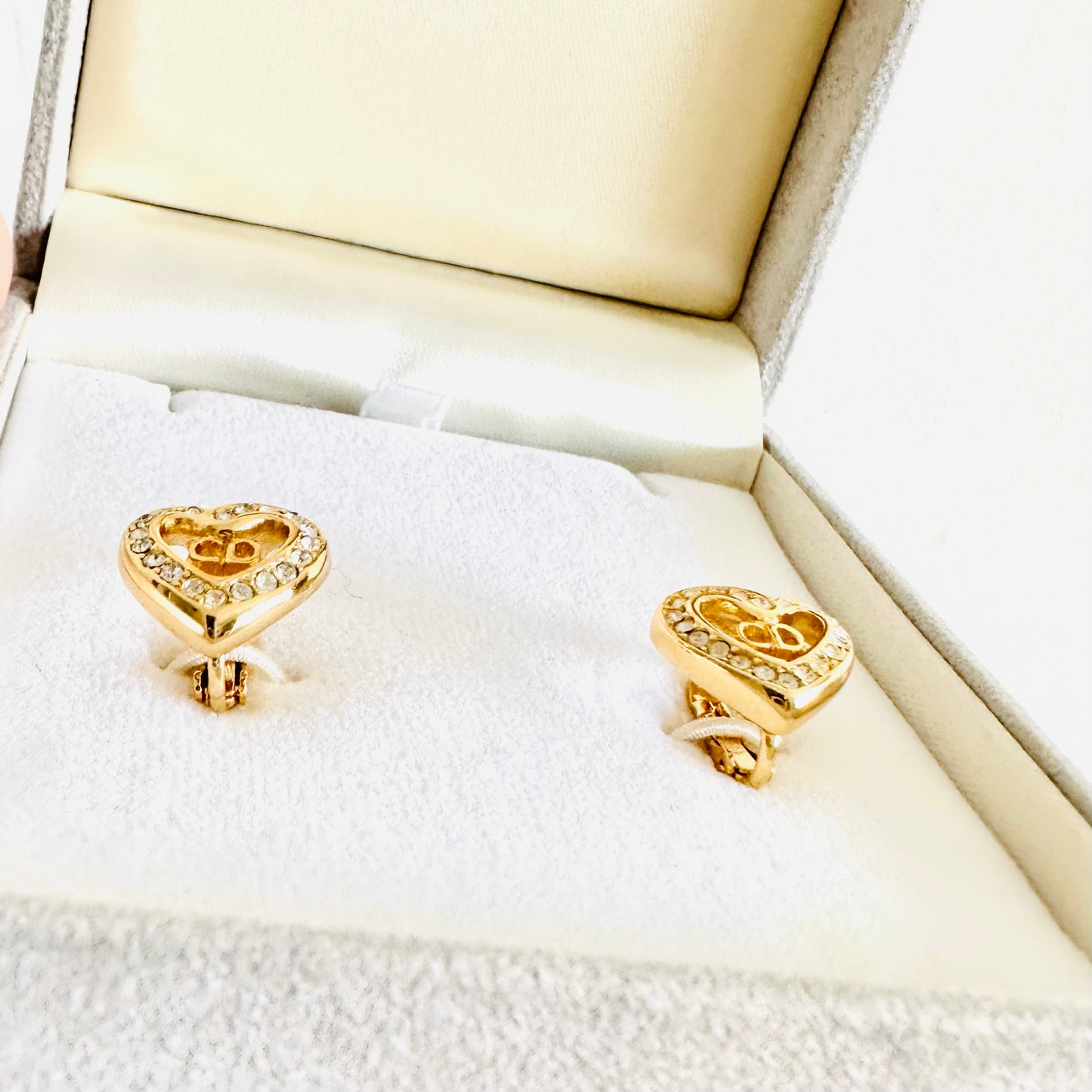 Christian Dior CD Gold Heart & Crystals Classic Monogram Logo Signature Vintage Earrings