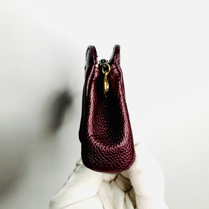 Chanel Maroon Burgundy GHW Giant CC Monogram Logo Caviar Leather Zip Pouch Clutch Case 3s