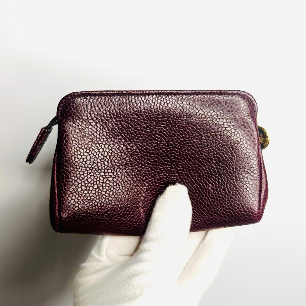 Chanel Maroon Burgundy GHW Giant CC Monogram Logo Caviar Leather Zip Pouch Clutch Case 3s