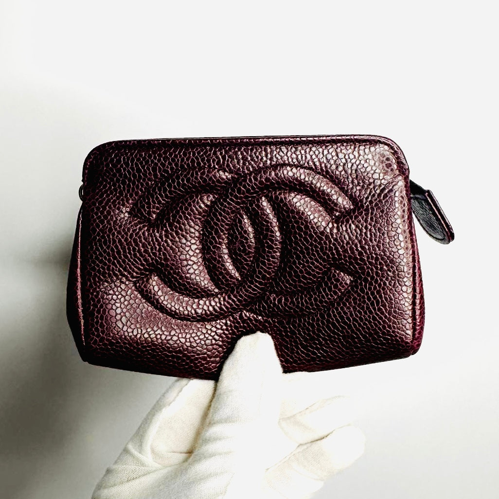Chanel Maroon Burgundy GHW Giant CC Monogram Logo Caviar Leather Zip Pouch Clutch Case 3s