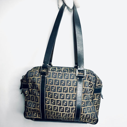 Fendi FF Zucca Navy Blue Monogram Logo Zip Boston Shopper Shoulder Bag