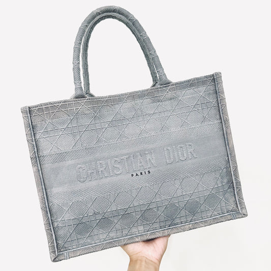 Christian Dior CD Gray / Grey Cannage Quilted Embroidery Monogram Logo Medium Book Tote Bag