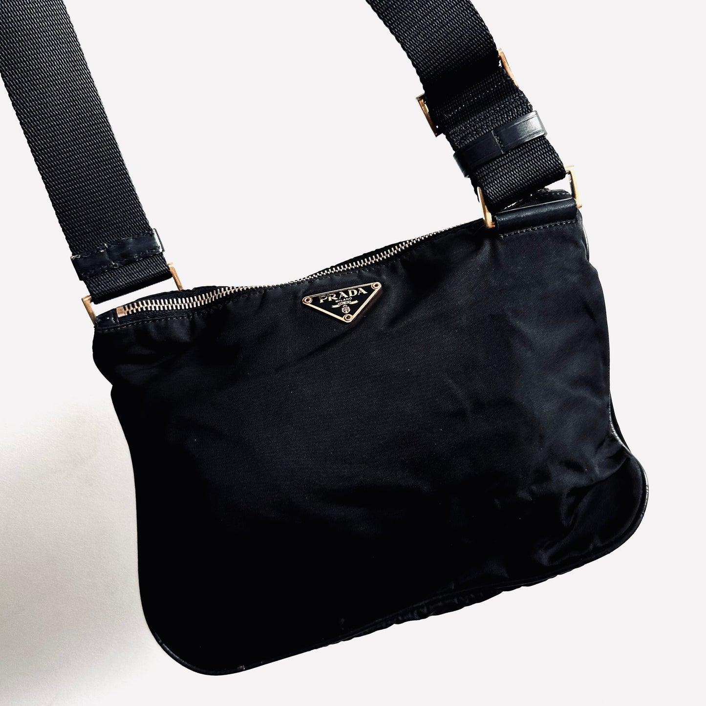 Prada Tessuto Black GHW Classic Logo Nylon & Leather Zip Shoulder Sling Bag