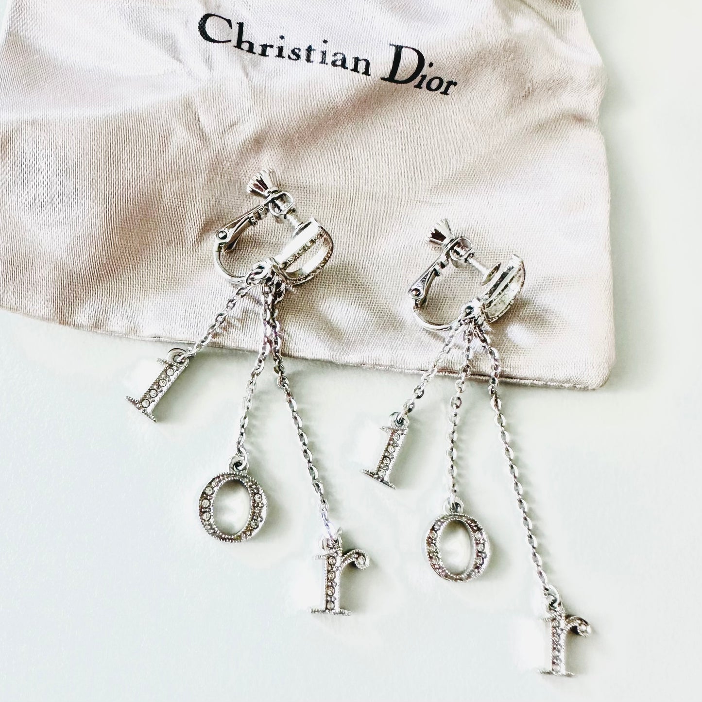 Christian Dior CD Monogram Logo Signature Classic Silver & Crystals Dangling Clip On Earrings