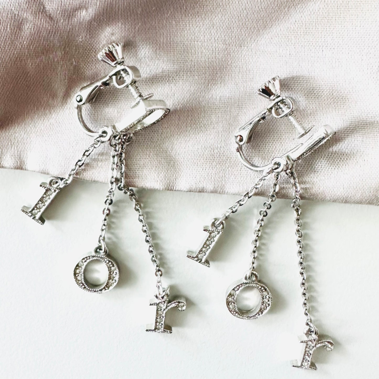 Christian Dior CD Monogram Logo Signature Classic Silver & Crystals Dangling Clip On Earrings