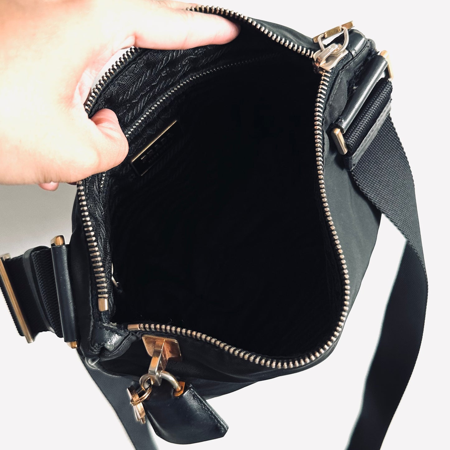 Prada Tessuto Black GHW Classic Logo Nylon & Leather Zip Shoulder Sling Bag