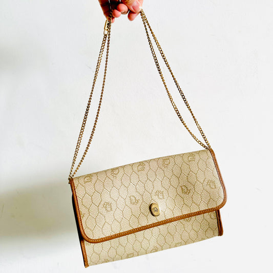 Christian Dior CD Beige Honeycomb GHW Oblique Monogram Logo 2-Way Vintage Flap Shoulder Sling Bag