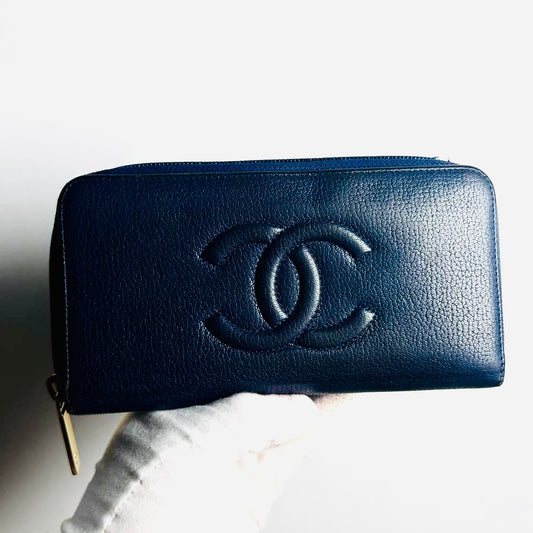 Chanel Navy Blue GHW Giant CC Monogram Logo Chevre Leather Zippy Zip Around Long Wallet 22s