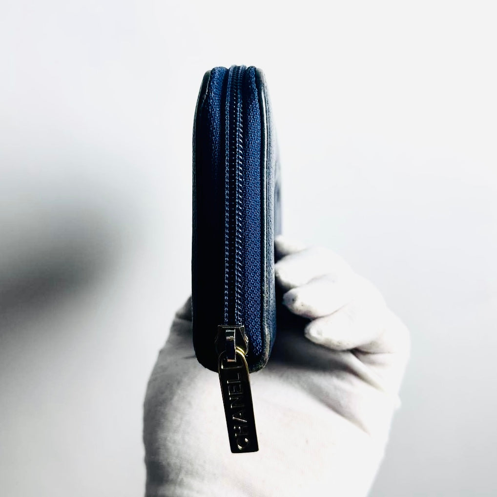 Chanel Navy Blue GHW Giant CC Monogram Logo Chevre Leather Zippy Zip Around Long Wallet 22s