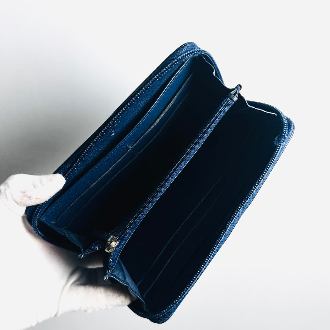 Chanel Navy Blue GHW Giant CC Monogram Logo Chevre Leather Zippy Zip Around Long Wallet 22s