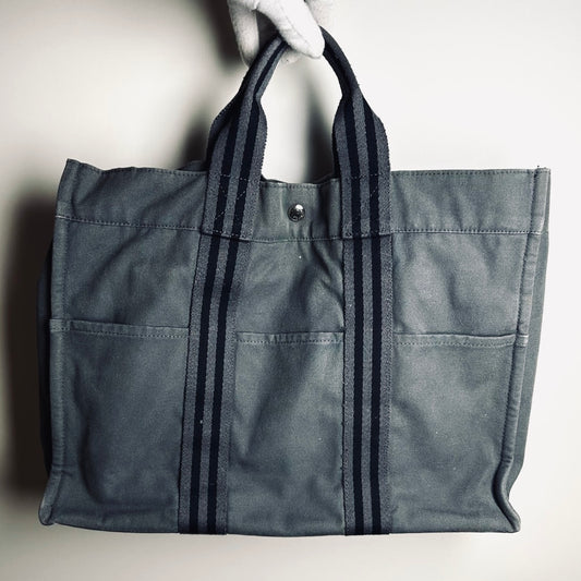 Hermes Dark Grey Herline Fourre Fool Toile MM Structured Shopper Tote Bag