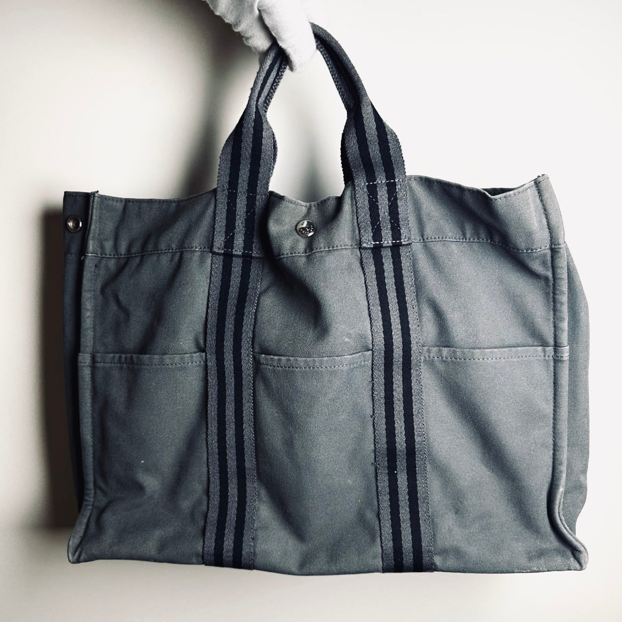 Hermes Dark Grey Herline Fourre Fool Toile MM Structured Shopper Tote Bag