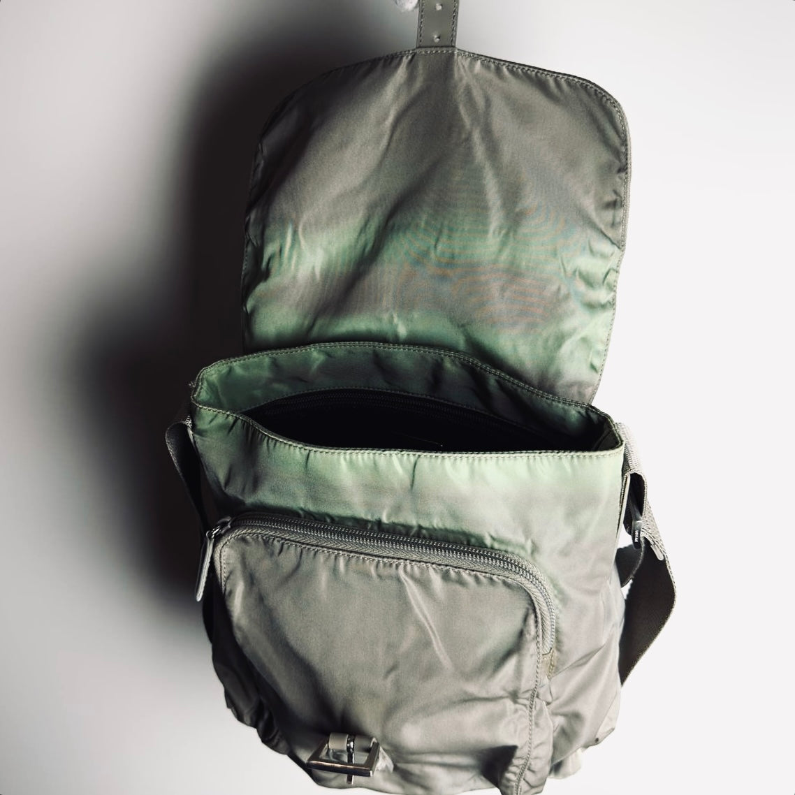 Prada Sage Green Khaki Tessuto Monogram Logo Nylon & Leather Flap Shoulder Sling Bag