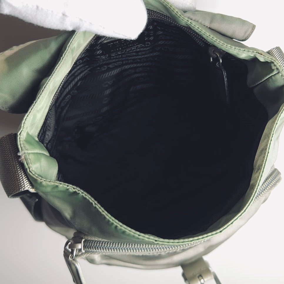 Prada Sage Green Khaki Tessuto Monogram Logo Nylon & Leather Flap Shoulder Sling Bag