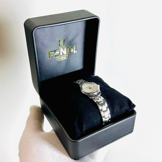 Fendi FF Stainless Steel Monogram Logo White Round Dial 210L 26MM Quartz Bracelet Watch