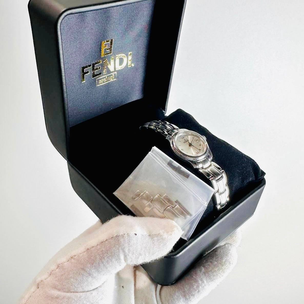 Fendi FF Stainless Steel Monogram Logo White Round Dial 210L 26MM Quartz Bracelet Watch