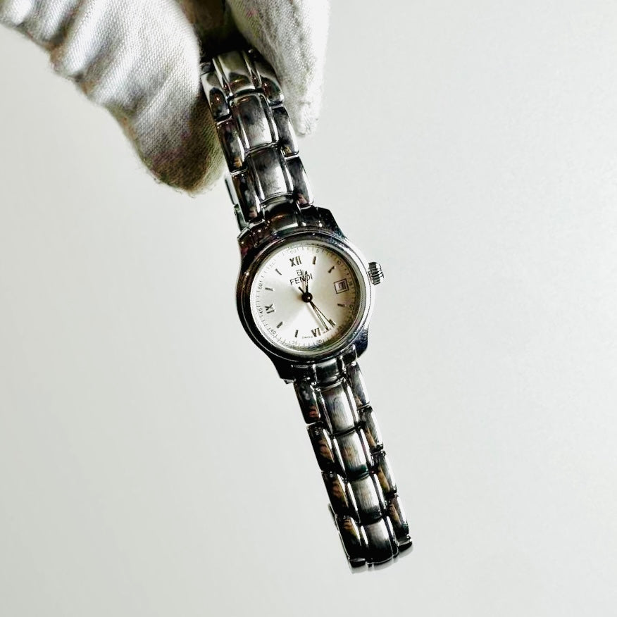 Fendi FF Stainless Steel Monogram Logo White Round Dial 210L 26MM Quartz Bracelet Watch