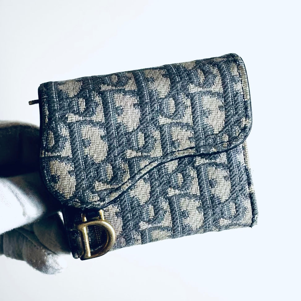 Christian Dior CD Saddle Lotus Navy Blue GHW Oblique Monogram Logo Flap Trifold Compact Wallet