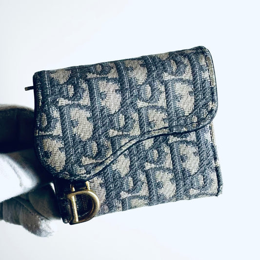 Christian Dior CD Saddle Lotus Navy Blue GHW Oblique Monogram Logo Flap Trifold Compact Wallet