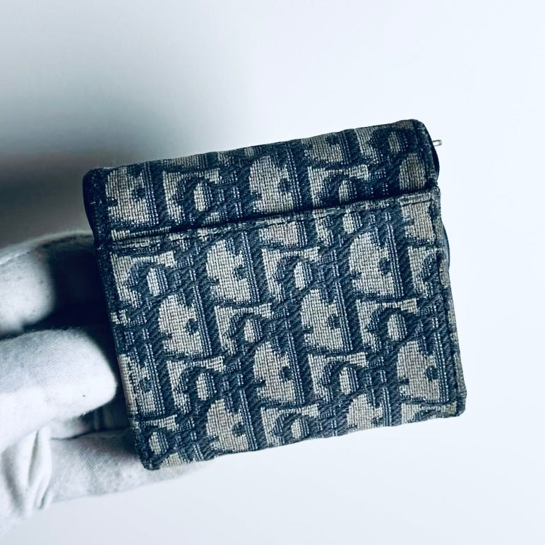 Christian Dior CD Saddle Lotus Navy Blue GHW Oblique Monogram Logo Flap Trifold Compact Wallet
