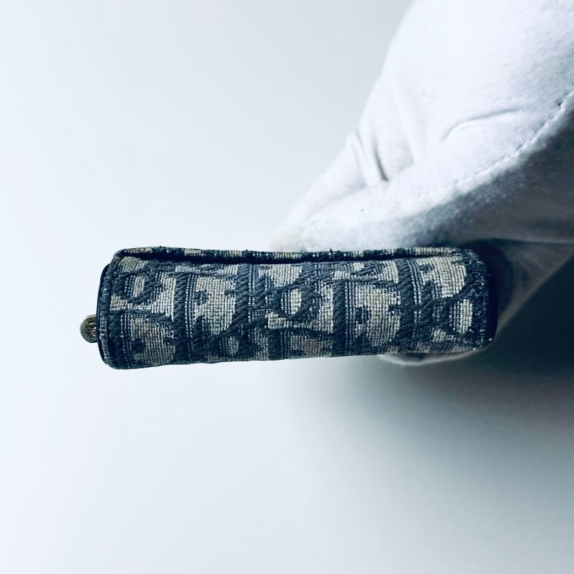 Christian Dior CD Saddle Lotus Navy Blue GHW Oblique Monogram Logo Flap Trifold Compact Wallet