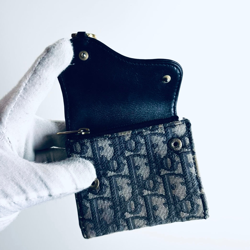 Christian Dior CD Saddle Lotus Navy Blue GHW Oblique Monogram Logo Flap Trifold Compact Wallet