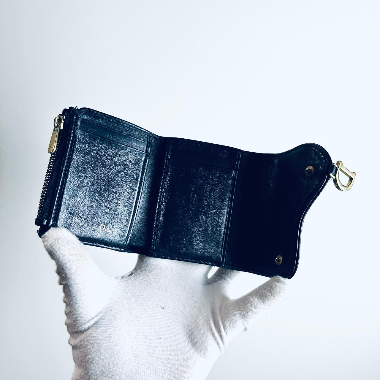 Christian Dior CD Saddle Lotus Navy Blue GHW Oblique Monogram Logo Flap Trifold Compact Wallet