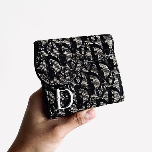 Christian Dior CD Black Saddle Lotus Oblique Monogram Logo Flap Bifold Compact Wallet